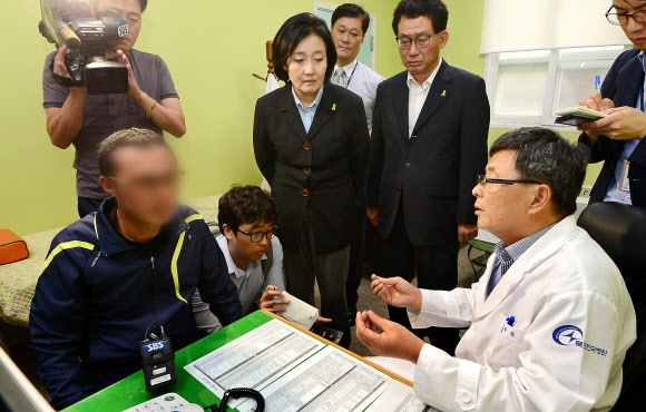 실종자 가족 진료 모습 바라보는 박영선 원내대표