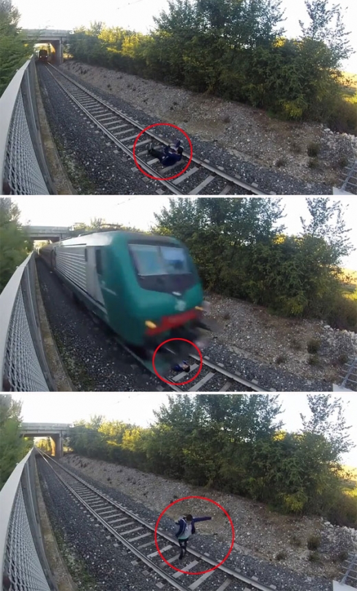 고속으로 달려오는 기차 앞에 드러눕는 청년 ‘아찔’