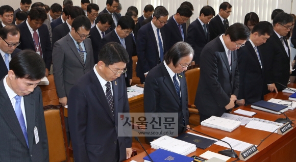 국회 농림축산식품해양수산위원회에서 15일 열린 해양수산부 등에 대한 국정감사에서 이주영(앞줄 왼쪽에서 세 번째) 해수부 장관과 김석균(두 번째) 해양경찰청장 등 증인들이 세월호 희생자에 대해 묵념하고 있다.  이종원 선임기자 jongwon@seoul.co.kr