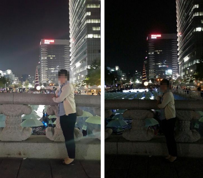 19일 해가 저문 시간 서울 종로구 청계천 주변에서 갤럭시노트4(왼쪽)와 갤럭시S3(오른쪽)로 각각 찍은 사진.