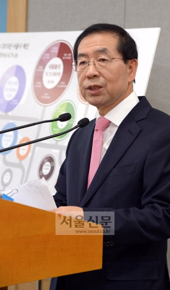 박원순 서울시장이 10일 시청 기자실 브리핑룸에서 내년 예산으로 편성된 25조 5526억원에 대해 설명하고 있다. 이언탁 기자 utl@seoul.co.kr