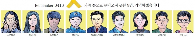 서울 종로구 광화문광장에 마련된 세월호 천막 농성장에 걸린 실종자 9명의 캐리커처.