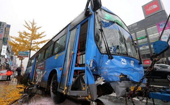 24일 오전 대구시 서구 내당동에서 도로를 달리던 시내버스가 인도에 있는 전신주와 변압기를 들이받아 승객 김모(45)씨 등 8명이 다치고 주변상가 10여 곳이 정전됐다. 사진은 사고 차량의 모습.  연합뉴스