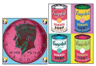 앤디 워홀의 대표작 메릴린 먼로와 케네디의 이미지를 동전과 우표에 담은 지호준의 작품(왼쪽)과 최잔의 ‘캠벨수프 캔 세트’.   진화랑 제공 