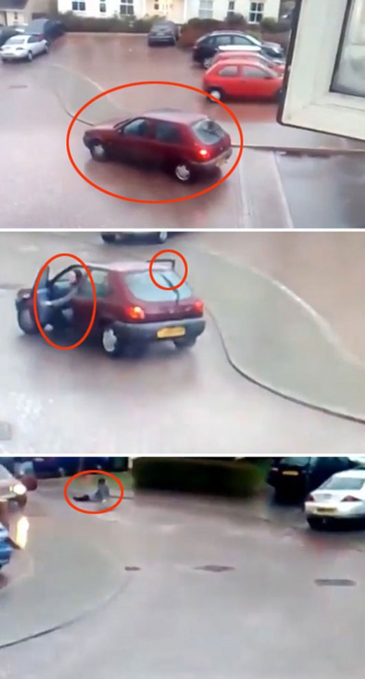 빙판길 미끄러지는 차에서 탈출하는 운전자