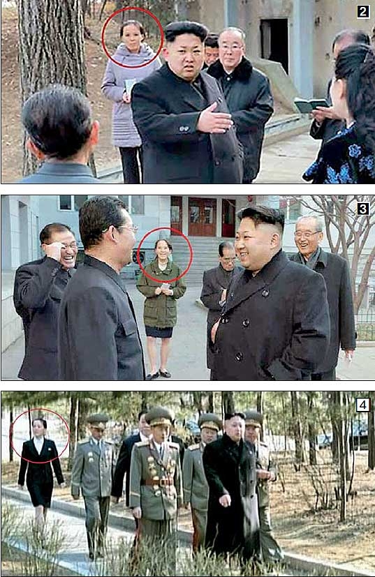 ② 북한 노동신문이 지난달 25일 김정은 국방위원회 제1위원장이 여동생 김여정(김 제1위원장 뒤 붉은색 원)과 함께 대표적인 반미교양 시설인 황해남도 신천박물관을 방문했다고 보도한 사진. ③ 북한 노동신문이 지난달 27일 김정은 국방위 제1위원장의 4·26만화영화촬영소 공식 방문을 보도한 사진. 수행원에 포함된 김여정(붉은색 원)이 김 제1위원장과 간부들의 대화를 들으며 활짝 웃는 모습이 눈에 띈다. ④ 김정은 국방위원회 제1위원장의 여동생 김여정(왼쪽 붉은색 원)이 지난 3월 9일 최고인민회의 대의원 선거 투표를 위해 김일성정치대학을 방문한 김 제1위원장을 수행하는 모습.  노동신문·조선중앙TV 연합뉴스