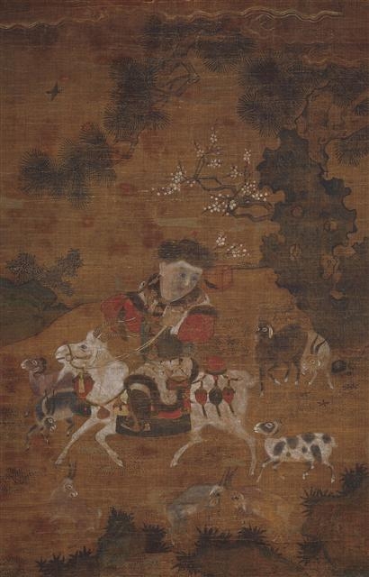 기양동자도(騎羊童子圖). 동자가 흰 양을 타고 있고 주변에 양 두 마리가 함께 가고 있다. 흰 양은 신선과 관련된 그림이나 이야기에서 상서로운 이미지로 나타난다.