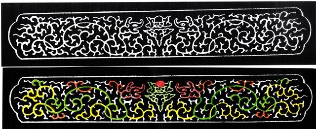 청(淸) 채색화에 나타난 용 그림(위)과 강우방 원장이 채색 분석한 용 그림(아래). 채색화의 원본은 청색이다.