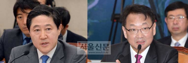 유기준(왼쪽) 해양수산부 장관 후보자와 유일호 국토교통부 장관 후보자가 9일 국회에서 열린 인사청문회에서 청문위원들의 질의에 답변하고 있다.  김명국 전문기자 daunso@seoul.co.kr