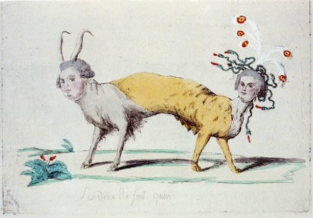 비판을 받는 권력집단의 양면성과 부정적인 이미지를 드러내기 위해 정치 풍자에서는 동물의 형상이나 우화를 활용하곤 했다. 프랑스에서 1791년 출판된 작자 미상의 풍자화는 루이 16세와 마리 앙투아네트를 머리가 두 개 달린 괴물로 묘사하고 있다.  책세상 제공