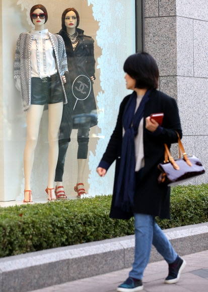 고가 수입 브랜드 샤넬이 일부 핸드백 가격을 15~20% 인하한 19일 서울 중구 신세계백화점 본점 샤넬 매장 앞으로 시민이 지나고 있다.  연합뉴스