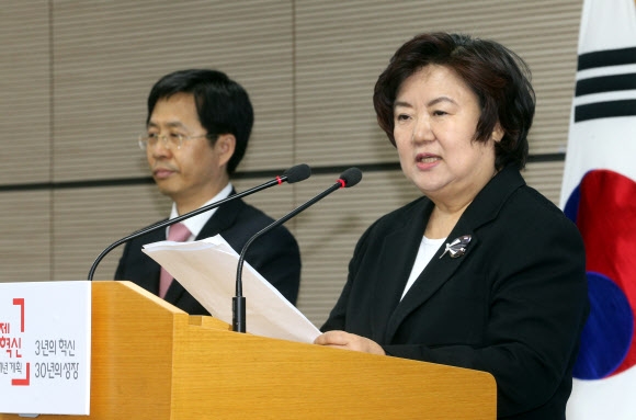 조난심(오른쪽) 한국교육과정평가원장 직무대리가 31일 정부세종청사에서 2016학년도 대학수학능력시험 기본계획에 대해 브리핑을 하고 있다. 세종 연합뉴스