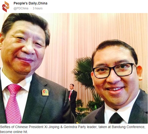 시진핑 중국 국가주석, 대인도네시아운동당(그린그라당) 부주석과 셀카 찍다