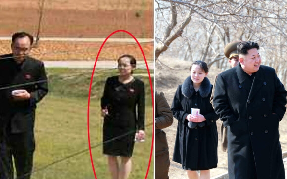 김정은 북한 노동당 제1비서의 여동생인 김여정(왼쪽사진 붉은선 안). 오른쪽은 지난해 3월 김정은과 함께 동해안 신도방어중대를 시찰하는 김여정. 연합뉴스 