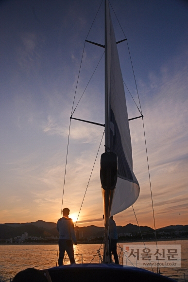 요트는 바람의 힘으로 움직인다. 엔진 소음 없이 바람과 파도 소리 들으며 파란 바다를 떠다닐 수 있다.
