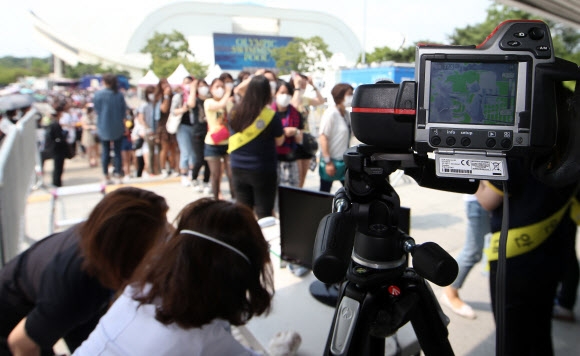 14일 오후 서울 송파구 방이동 올림픽공원 체조경기장에서 그룹 ‘동방신기’의 콘서트가 열린 가운데 공연 관계자들이 중동호흡기증후군(메르스) 전파 방지를 위해 열화상카메라로 관람객들의 체온을 측정하고 있다. 연합뉴스