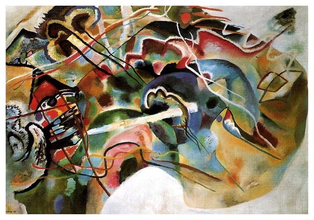 칸딘스키 ‘하얀 테두리가 있는 그림’(1913·뉴욕 구겐하임 미술관 소장). 얼핏 보면 즉흥적으로 그린 것 같지만 칸딘스키는 색채와 형태에 대해 오랜 시간 숙고하고 연구한 결과를 캔버스에 담았다. 북라이프 제공 