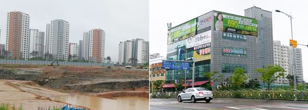 대규모 개발 호재가 몰린 평택시 한 건설 현장(왼쪽). 시내 곳곳에는 아파트 분양을 알리는 플래카드가 걸려 있다. 서울신문 포토라이브러리