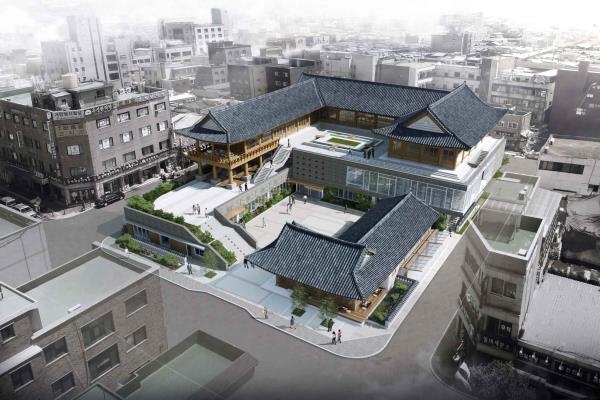 한창 공사 중인 약령시의 한방진흥센터 조감도.