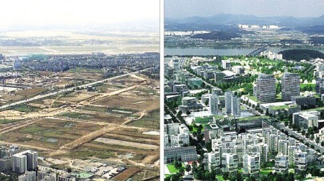 서울 자치구 가운데 두 번째로 인구 60만명 시대를 맞을 강서구는 마곡지구 개발로 구 발전이 더 가속화될 전망이다. 사진은 마곡지구의 개발 전 황량한 모습(왼쪽)과 대도시급으로 발전한 모습을 그린 조감도.  서울신문 포토라이브러리 