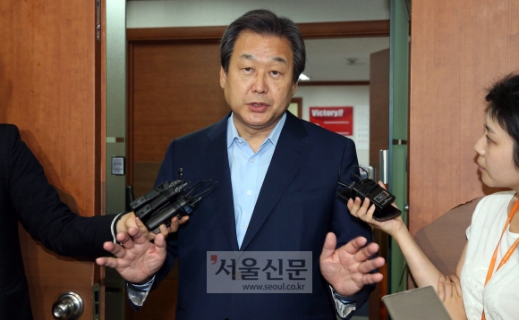 새누리당 김무성대표가 당사에서 열린 긴급최고위원회의가 끝난후 기자들의 질문에 답하고 있다. 김명국전문기자 daunso@seoul.co.kr