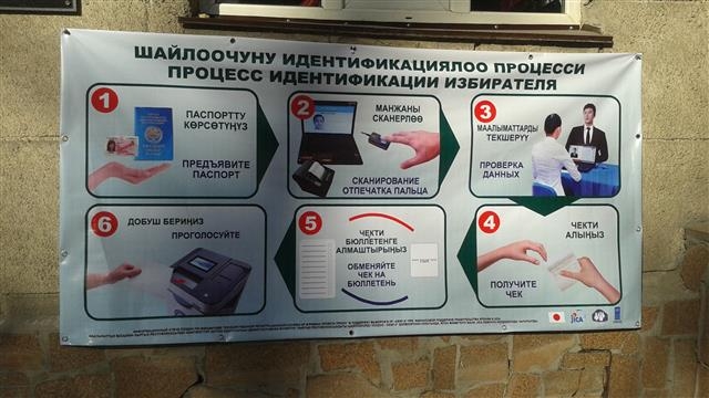 지난 4일 오전(현지시간) 키르기스스탄 비슈케크시 레닌구의 총선 ‘1005번’ 투표소가 설치된 ‘9번학교’ 건물 벽에 부착된 투표 안내도. 한국 중앙선관위가 수출한 선거 자동화 시스템에 의한 투표 방식이다.