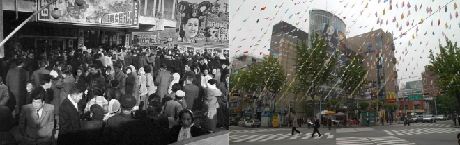 1965년 1월 2일 서울 중구 명보극장 앞이 신정 특선으로 개봉한 최은희 주연의 ‘청일전쟁과 여걸민비’를 보려는 사람들로 인산인해를 이루고 있다. 오른쪽은 2005년 명보아트홀로 바뀐 명보극장. 서울신문 포토라이브러리