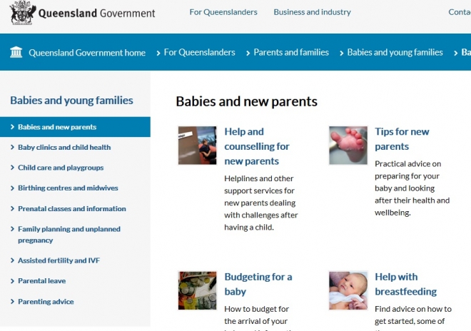 호주 퀸즐랜드주(州) 정부 홈페이지 화면. 다양한 육아정보가 담겨 있다. 