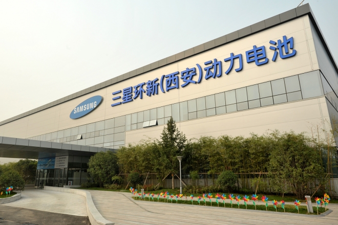 중국 산시성 시안에 위치한 삼성SDI 전기차용 배터리 공장. 사진은 공장 전경으로 시안법인의 정식 이름인 ‘삼성환신(시안) 동력전지’라고 써 있다. 　삼성SDI 제공
