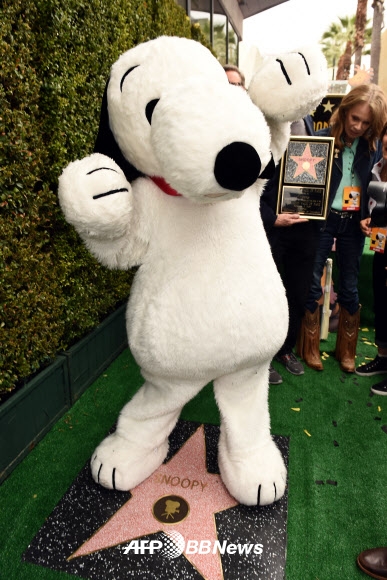스누피가 2일(현지시간) 미국 캘리포니아주 로스앤젤레스에 있는 ‘할리우드 명예의 거리’에서 별 동판 제막식 후 자신의 이름이 새겨진 별 위에서 포즈를 취하고 있다. 한편 찰리 브라운, 루시 그리고 스누피가 함께 공동 주연을 맡은 영화 ‘스누피:더 피너츠 무비’가 6일(미국 현지시간) 개봉을 앞두고 있다. ⓒ AFPBBNews=News1