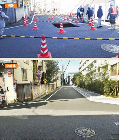 지난 1월 중순 일본 도쿄 기타구 히가시주조의 사거리에서 발생한 도로 함몰 사고 현장(위 서울시 제공). 지난 8월까지 하수도 보수 및 도로 복구 공사가 진행돼 현재는 도로가 멀쩡해졌다(아래 사진).