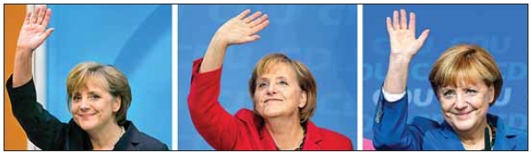 앙겔라 메르켈 독일 총리가 베를린에서 총선 직후 지지자들에게 손을 흔들어 인사하고 있다. 왼쪽부터 2005년과 2009년, 2013년 9월 총선 당시 메르켈 총리의 모습. 서울신문 포토라이브러리