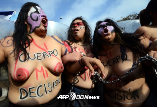 수백명의 운동가들이 25일(현지시간) 리마에서 세계여성폭력 추방의 날을 기념하는 시위에 참여하고 있다. <br>ⓒ AFPBBNews=News1
