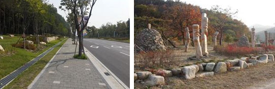 지방자치단체들이 폐도를 주민 통행로 등 여가부지로 활용하거나(사진 왼쪽) 나무 장승 등을 들여놓아 고장을 알리는 데(오른쪽) 재활용하고 있다.  행정자치부 제공 