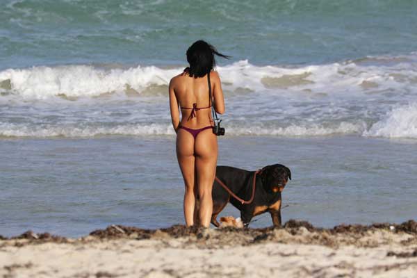 저스틴 비버의 전 여자친구로 유명한 모델 요바나 벤츄라가 지난달 29일 미국 플로리다 마이애미 해변에서 그녀의 애완견과 함께 산책을 하고 있다.사진=TOPIC / SPLASH NEWS(www.topicimages.com)