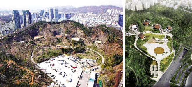 제1차 석유파동 이후 1976년 설치된 뒤 1급 보안시설로 시민 접근이 차단됐던 마포석유비축기지가 공연장과 전시장을 갖춘 문화공원으로 탈바꿈한다. 사진은 현재 모습(왼쪽)과 2017년 4월 준공 후 모습을 그린 조감도. 서울시 제공