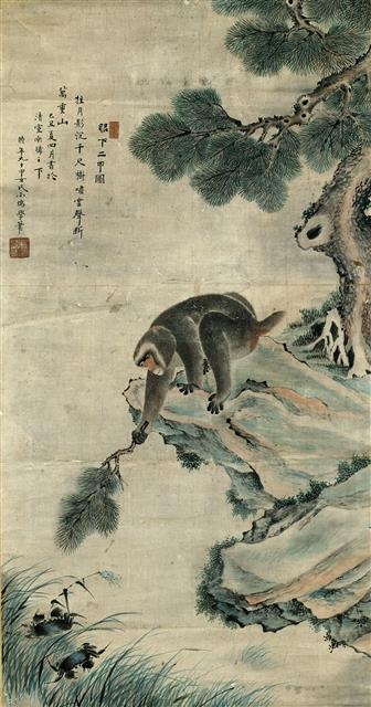 조선 후기 ‘안하이갑도’. 원숭이가 나뭇가지로 게를 잡는 장면을 그린 그림으로, 소과·대과에 장원급제해 높은 벼슬에 나아가기를 기원하는 내용을 담고 있다.