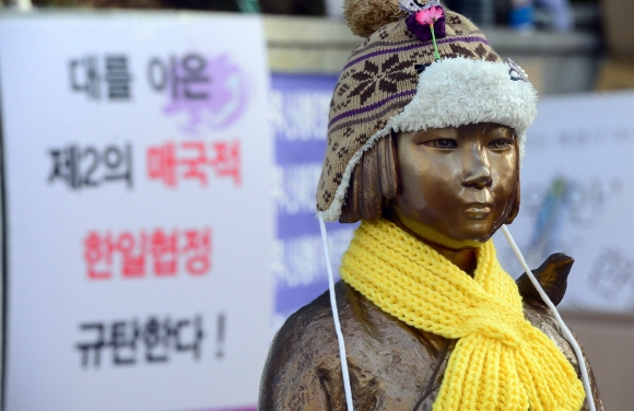 4일 서울 종로구 일본대사관 앞에 세워진 소녀상에 털모자와 털목도리가 씌워져 있다.  정연호 기자 tpgod@seoul.co.kr