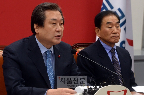 6일 새누리당 국회 대표최고위원실에서 열린 최고중진연석회의에서 김무성 대표가 모두발언을 하고 있다. 이종원 선임기자 jongwon@seoul.co.kr