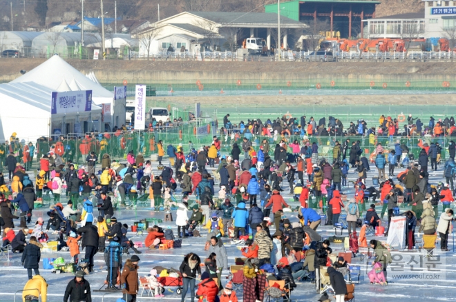 강원 화천읍 화천천에서 열리는 산천어축제장이 12일 평일인데도 겨울을 즐기려는 관광객들이 몰려와 인산인해를 이루고 있다. 나 홀로 남은 겨울 축제 덕에 역대 최대 인파를 기록할 것으로 전망된다. 화천군 제공