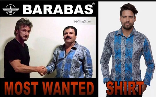 바라바스의 ‘판타지’ 셔츠를 입은 호아킨 구스만이 숀 펜과 악수하는 사진이 바라바스 홈페이지에 올라와있다.  바라바스 홈페이지 캡처 