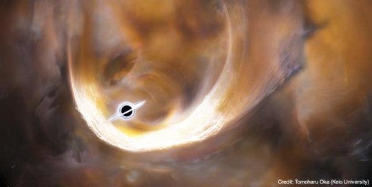 중간 형태 블랙홀에 우주구름과 소행성이 빨려들어가는 모습을 상상해 그린 그림.  일본 게이오대 제공 