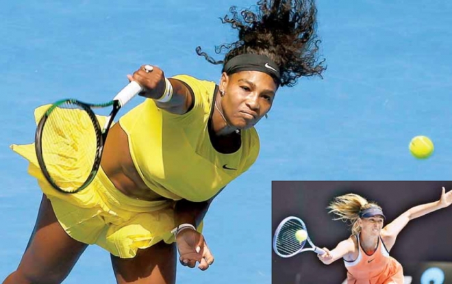 세계랭킹 1위 세리나 윌리엄스(미국)가 26일 호주 멜버른에서 열린 호주오픈테니스 대회 여자단식 8강전에서 마리야 샤라포바(작은 러시아)를 상대로 서브를 넣고 있다. 샤라포바를 2-0(6-4 6-1)으로 물리친 윌리엄스는 2004년 11월 여자프로테니스(WTA) 투어 챔피언십 패배 이후 11년이 넘도록 샤라포바에게 한 번도 패하지 않았고 상대 전적 19승2패, 최근 맞대결 18연승의 절대 강세를 이어 갔다. 멜버른 EPA 연합뉴스