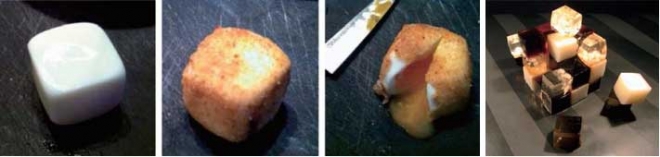 ①~③ 삶은 달걀의 껍질을 뜨거운 상태에서 깐 뒤 정육면체 모양으로 압력을 가해 식히면 네모난 달걀 반숙이 만들어진다. ④트리플 섹, 위스키 크림 리큐어, 커피 리큐어 등 다양한 종류의 칵테일도 한천을 이용해 굳히면 한 조각씩 씹어 먹을 수 있는 칵테일이 된다. 도서출판 더숲 제공 