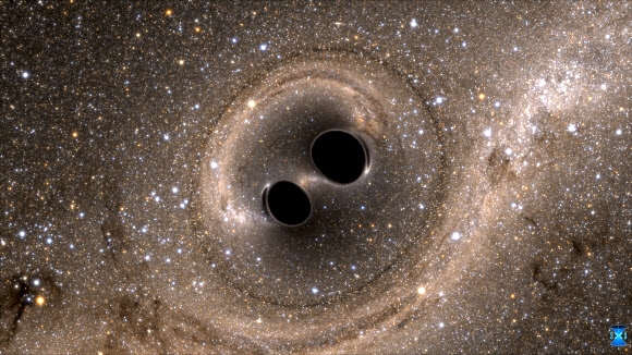 아인슈타인이 중력파를 예측한 지 100년 만에 그 실체가 확인됐다. 태양의 질량보다 큰 블랙홀(검은 원) 2개가 근접해 돌면서 중력파를 만들어 내고 있는 가상도.  네이처 제공