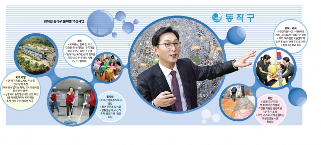 이창우 서울 동작구청장에게 주어진 임기는 4년이다. 하지만 그는 향후 30년을 내다본 지역 개발 청사진을 만드는 것이 목표다. 이 구청장이 24일 동작구청 집무실에서 가진 서울신문과의 인터뷰 도중 종합행정타운 건립 구상 등을 설명하고 있다. 이종원 선임기자 jongwon@seoul.co.kr