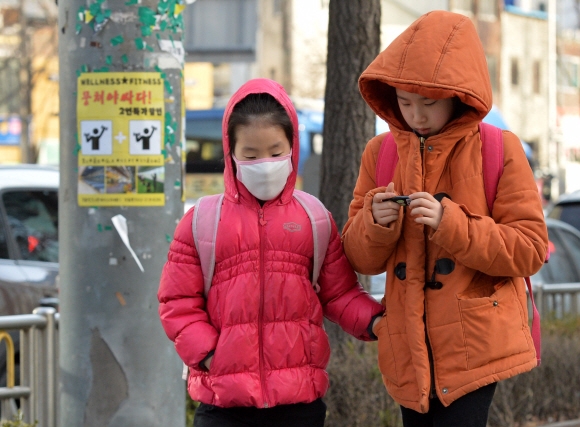 아침 기온이 영하로 떨어지며 꽃샘추위가 찾아온 9일 서울 서대문구 충정로에서 두꺼운 옷차림을 한 초등학생 어린이가 같이 등교 중인 언니의 점퍼 주머니에 손을 넣은 채 학교를 향해 걸어가고 있다. 2016. 3. 9 손형준 기자 boltagoo@seoul.co.kr