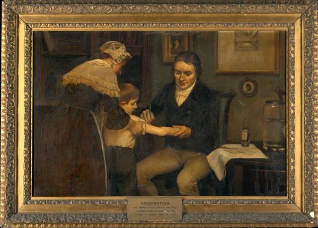 에드워드 제너가 1796년 우두에서 나온 고름을 처음으로 8세 소년에게 접종하는 모습을 그린 그림. 영국의 초상화가 에른스트 보드가 그린 것으로 영국 런던의 사이언스뮤지엄 의학사관에 전시돼 있다. 위키피디아 제공