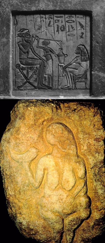 긴 대롱으로 맥주를 들이켜는 이집트 전통이 새겨진 BC 1350년경 엘아마르나 장례석비(위). 프랑스 도르도뉴강 로셀 절벽에 새겨진 2만년 전의 벌꿀주를 뿔에 담아 마시는 여성의 모습.  글항아리 제공 