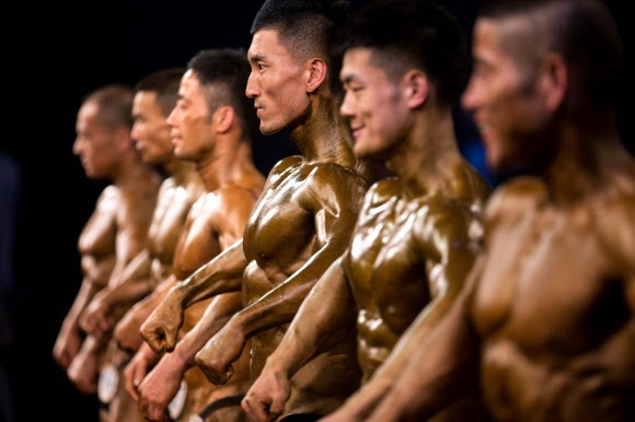 9일(현지시간) 중국 항주에서 열린 보디빌딩대회에서 참가선수들이 멋진 근육을 선보이고 있다. AFP 연합뉴스